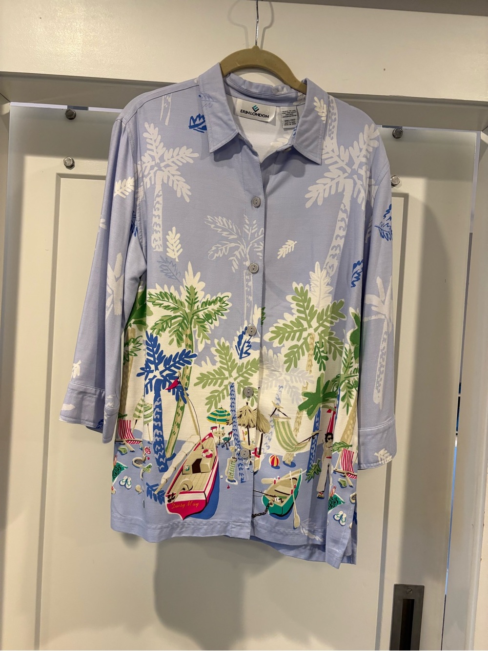 Erin London Tropical Beach Print Button-Up Shirt, Light Blue, Size S